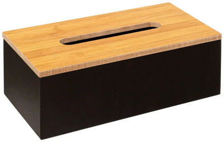 Tissuedoos/zakdoekjes box - zwart - MDF hout - bamboe deksel - 25 x 13 x 9 cm - Tissuehouders