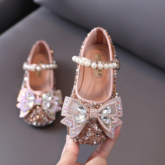 Toddler Shoes Autumn Baby Girl Shoes Fashion Sequins Rhinestone Kids Princess Shoes Pearl Bowtie Flat Girls Leather Shoes SX496