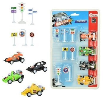 Toi-Toys 4x Race auto met verkeersborden/stoplichten speelgoed set