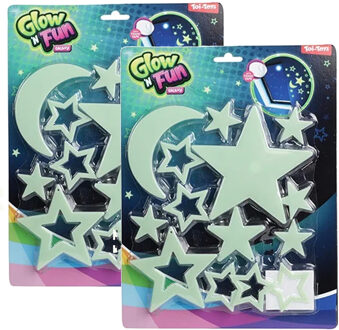 Toi-Toys Glow in the dark - 2x - maan en sterren - sterrenhemel - muur/plafond decoratie - kinderkamer