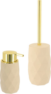 Toilet accessoire set - wc borstel en zeeppomp Diamond - beige - kunststof