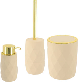 Toilet accessoire set - wc borstel/prullenbak en zeeppomp Diamond - beige - kunststof