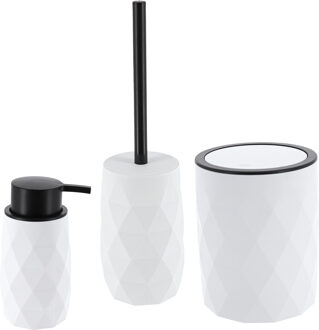 Toilet accessoire set - wc borstel/prullenbak en zeeppomp Diamond - wit - kunststof