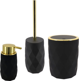 Toilet accessoire set - wc borstel/prullenbak en zeeppomp Diamond - zwart - kunststof