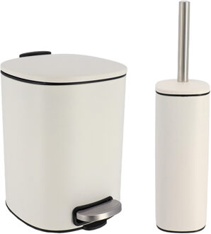 toilet/badkamerset Elegance - afvalbak en toiletborstel - metaal - wit