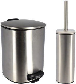 toilet/badkamerset Elegance - afvalbak en toiletborstel - metaal - zilver