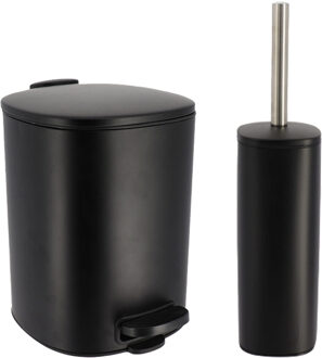 toilet/badkamerset Elegance - afvalbak en toiletborstel - metaal - zwart