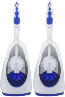 Toiletborstel - 2x - blauw met wit - met randreiniger - 41 cm - kunststof