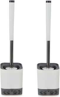toiletborstel - 2x - wit/grijs - siliconen - H43 cm - met houder - siliconen toiletborstel