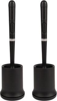 Toiletborstel - 2x - zwart - siliconen - H43 cm - met houder - siliconen toiletborstel