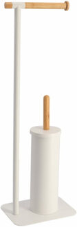 Toiletborstel met toiletrolhouder - vrijstaand - wit - metaal/bamboe - 67 cm