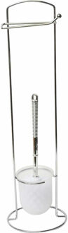 Toiletborstel met toiletrolhouder - vrijstaand - wit/zilver- metaal - 58 cm