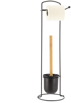 Toiletborstel met toiletrolhouder - vrijstaand - zwart - metaal - 58 cm