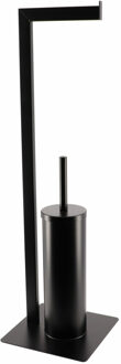 Toiletborstel met toiletrolhouder - vrijstaand - zwart - metaal - 69 cm