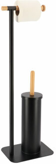 Toiletborstel met toiletrolhouder - vrijstaand - zwart - metaal/bamboe - 67 cm