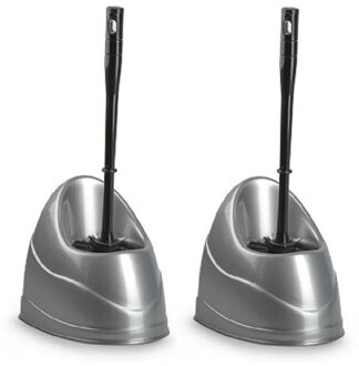 toiletborstels - wc-borstels - 2x stuks - met houder - 45 cm - silver - kunststof