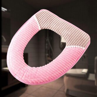 Toiletbril Winter Thuis Warme Corduroy Streep Kleverige Gesp Waterdicht Wc Set Verdikte Wc Kussen (Beige) roze