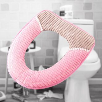 Toiletbril Winter Thuis Warme Corduroy Streep Kleverige Gesp Waterdicht Wc Set Verdikte Wc Kussen (Beige) roze
