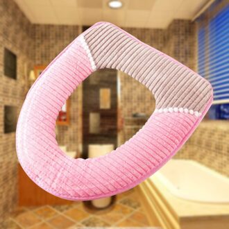 Toiletbril Winter Thuis Warme Corduroy Streep Kleverige Gesp Waterdicht Wc Set Verdikte Wc Kussen (Beige) roze