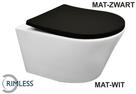 Toiletpot Hangend Wiesbaden Vesta 52 cm Diepspoel Wandcloset Rimless Mat Wit Met Mat Zwart Shade Zitting