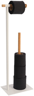 Toiletrolhouder en reserverolhouder - vrijstaand - wit - metaal/bamboe - 70 cm