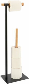Toiletrolhouder en reserverolhouder - vrijstaand - zwart - metaal/bamboe - 70 cm