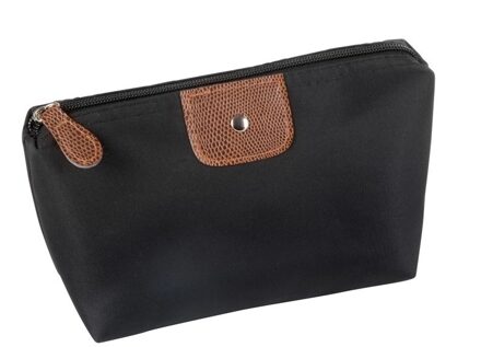 Toilettas - zwart - 17x11 cm - met kunstleer detail - make-up/opberg tas
