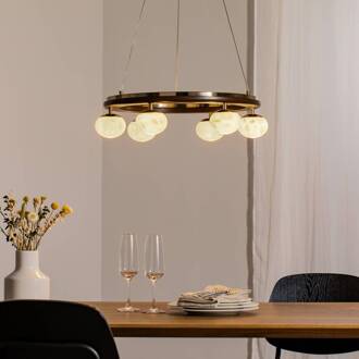 Tolosa hanglamp, Ø 52 cm, messing, 6-lamps, glas, hout wit, bruin, messing