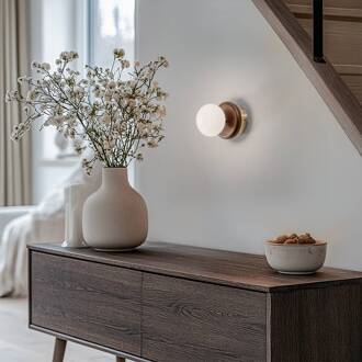 Tolosa wandlamp, messingkleurig, Ø 12 cm, glas, hout wit, bruin, messing