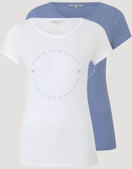 Tom Tailor Denim Basic T-Shirt im Doppelpack mit Logoprint, Damen, blau, Größe S blauw