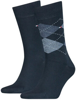 Tommy Hilfiger Check Socks (2-pack) - herensokken katoen - geruit en uni - donkerblauw -  Maat: 39-42