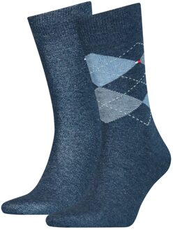 Tommy Hilfiger Check Socks (2-pack) - herensokken katoen - geruit en uni - jeans blauw -  Maat: 39-42