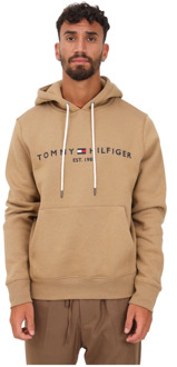 Tommy Hilfiger Heren Logo Hoody Sweater Kameel Tommy Hilfiger , Brown , Heren - M