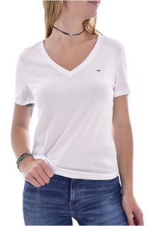 Tommy Jeans Geborduurd Logo V-Hals T-Shirt Tommy Jeans , White , Dames - Xs,2Xs
