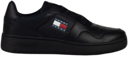 Tommy Jeans Retro Leren Sneakers met Rubberen Zool Tommy Jeans , Black , Heren - 45 Eu,44 Eu,41 EU