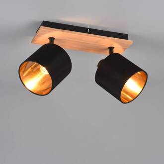 Tommy plafondspot, hout/zwart/goud, lengte 30 cm, 2-lamps. licht hout, zwart, goud