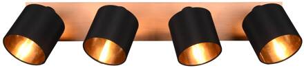 Tommy plafondspot, hout/zwart/goud, lengte 72 cm, 4-lamps. licht hout, zwart, goud