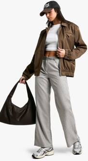 Tonal Contrast Geruite Broek Met Wijde Pijpen, Stone - 34