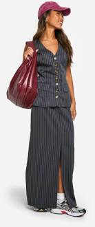 Tonal Nadelgestreepte Maxi Rok Met Gespleten Rug In Kolomstijl, Charcoal - 38