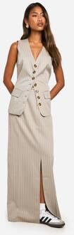 Tonal Pinstripe Split Back Column Maxi Rok, Stone - 38