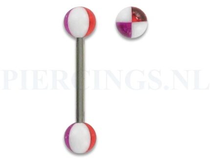 Tongpiercing acryl geblokt rood wit paars 6 mm