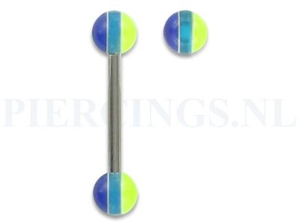 Tongpiercing acryl gestreept geel en blauwe strepen 6 mm