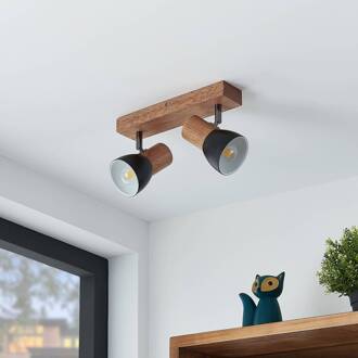 Tonja plafond-spot met hout, 2-lamps zwart, licht hout