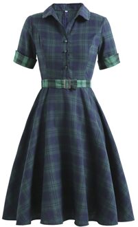 Tonval Blauw En Groen Plaid Vintage Vrouwen Button Up Jurk Met Riem Lente Katoen Elegante Dames Midi Swing jurken Xl