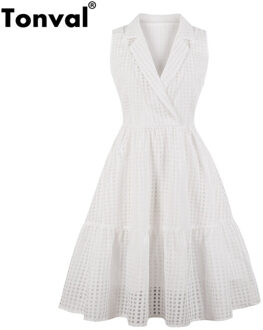 Tonval Little Plaid Office Lady Formele Jurk v-hals Vrouwen Elegante Vintage Witte Jurken EEN Lijn Werk Zomerjurk XXL