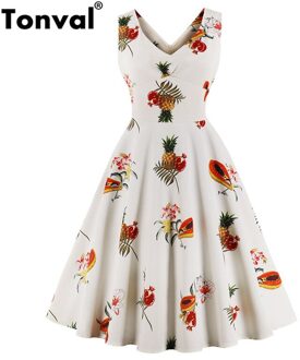 Tonval Vintage Casual A Line Ananas Jurk Vruchten Print Wit Vrouwen Jurken Mouwloze Elegante Gewaad Jurk XL