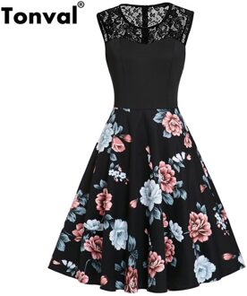 Tonval Zwarte Bloemenprint Contrast Lace Sweetheart Jurk Vrouwen Mouwloze EEN Lijn Party Elegante Skater Vintage Jurken
