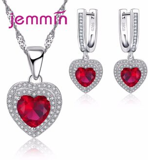 Top 925 Sterling Zilveren Hart Ruby Verklaringen Ketting Oorbellen Bruiloft Sieraden Sets Voor Bruiden Femme Bijoux