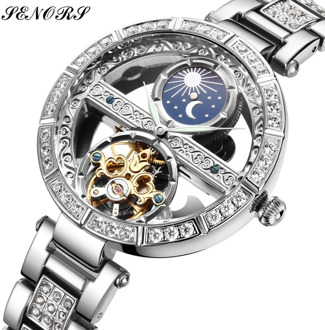 Top Brand SENORS Women Automatic Mechanical Watches, Stainless Steel Fashion Hollow Self-Winding Watch, Ladies Luxury Wristwatch