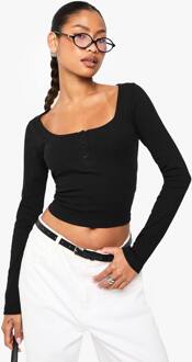 Top Met Geribbelde Details, Scoop-Halslijn En Lange Mouwen, Black - 42